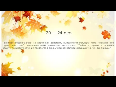 20 — 24 мес. Понимает обозначаемые на картинках действия, выполняет инструкции типа