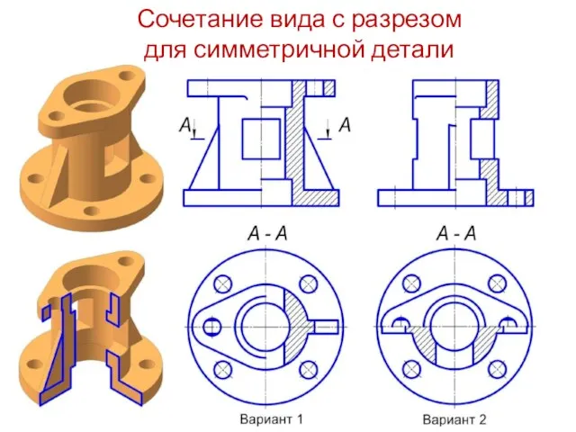 Сочетание вида с разрезом для симметричной детали