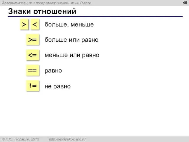 Знаки отношений > >= == != больше, меньше больше или равно меньше