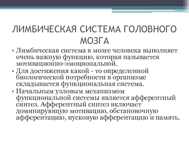 ЛИМБИЧЕСКАЯ СИСТЕМА ГОЛОВНОГО МОЗГА Лимбическая система в мозге человека выполняет очень важную