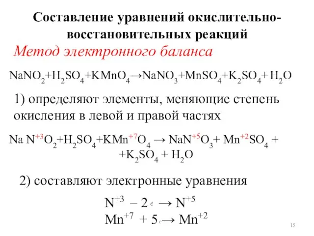 Составление уравнений окислительно-восстановительных реакций Метод электронного баланса NaNO2+H2SO4+KMnO4→NaNO3+MnSO4+K2SO4+ H2O 1) определяют элементы,