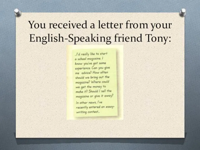 You received a letter from your English-Speaking friend Tony: