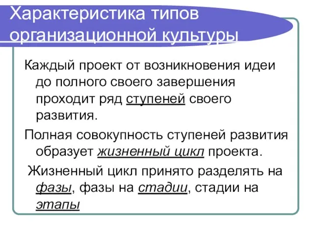 Характеристика типов организационной культуры Каждый проект от возникновения идеи до полного своего