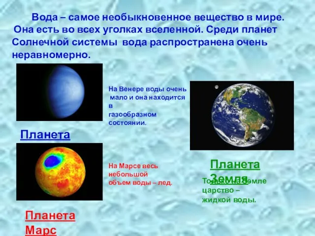 Вода – самое необыкновенное вещество в мире. Она есть во всех уголках