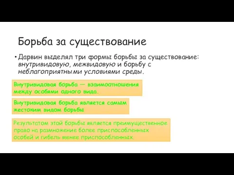 Борьба за существование Дарвин выделял три формы борьбы за существование: внутривидовую, межвидовую