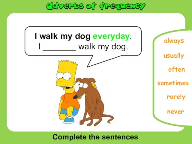 Complete the sentences often usually never sometimes rarely I walk my dog