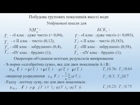 Побудова групових показників якості води Уніфіковані шкали для : : - «І