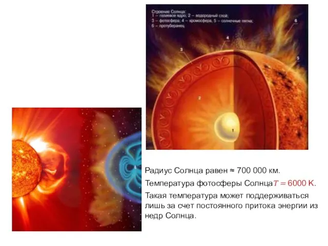 Радиус Солнца равен ≈ 700 000 км. Температура фотосферы СолнцаT = 6000