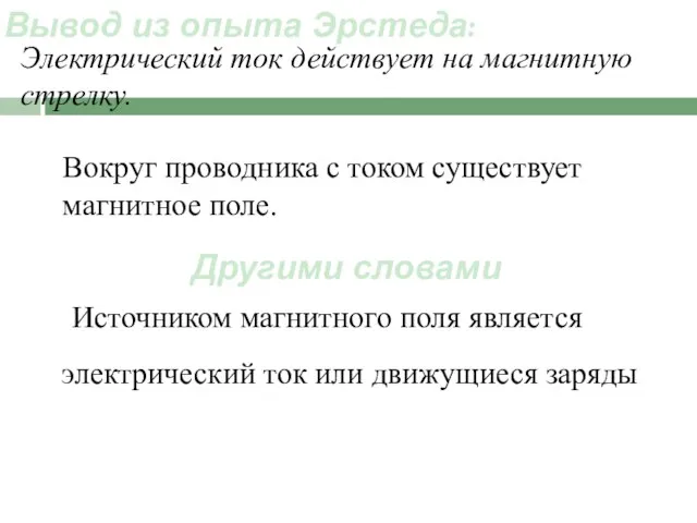 Вывод из опыта Эрстеда: электрический ток или движущиеся заряды Электрический ток действует