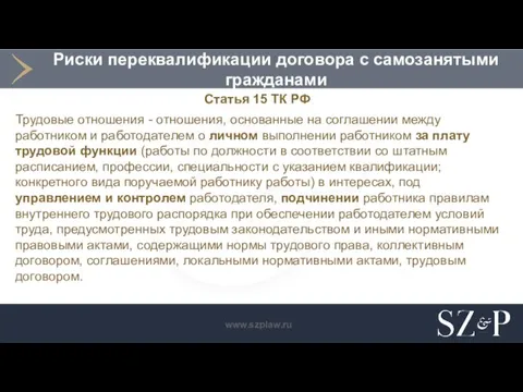 Риски переквалификации договора с самозанятыми гражданами Статья 15 ТК РФ Трудовые отношения