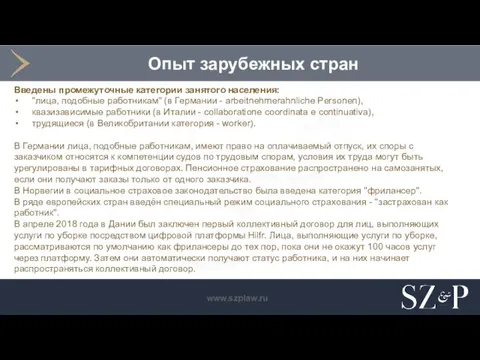 Опыт зарубежных стран Введены промежуточные категории занятого населения: "лица, подобные работникам" (в