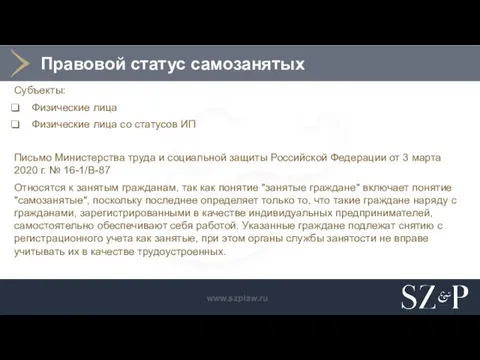 Правовой статус самозанятых Субъекты: Физические лица Физические лица со статусов ИП Письмо