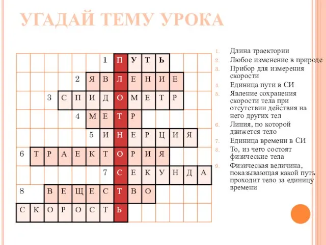 УГАДАЙ ТЕМУ УРОКА Длина траектории Любое изменение в природе Прибор для измерения