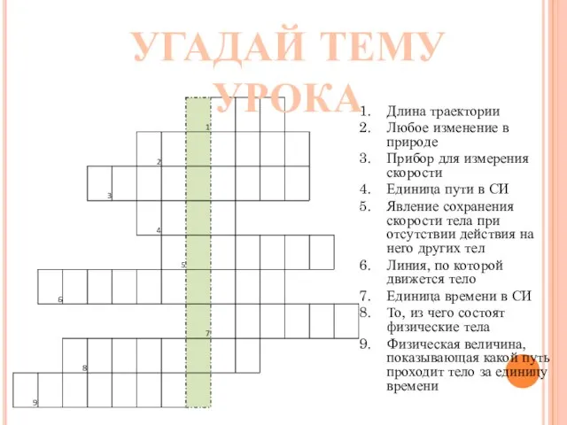 УГАДАЙ ТЕМУ УРОКА Длина траектории Любое изменение в природе Прибор для измерения