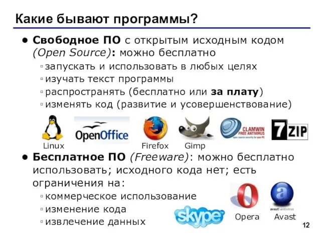 Какие бывают программы? Свободное ПО с открытым исходным кодом (Open Source): можно