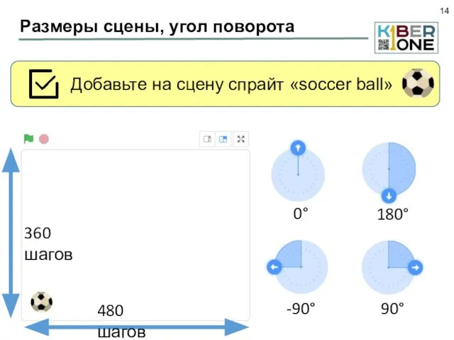 Размеры сцены, угол поворота Добавьте на сцену спрайт «soccer ball» 480 шагов