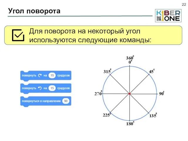 Для поворота на некоторый угол используются следующие команды: Угол поворота