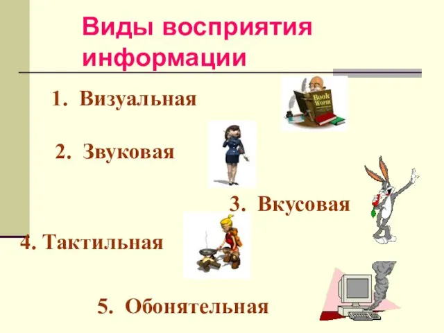 Виды восприятия информации 1. Визуальная 2. Звуковая 3. Вкусовая 4. Тактильная 5. Обонятельная