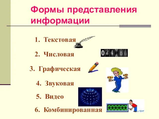 Формы представления информации 1. Текстовая 2. Числовая 3. Графическая 4. Звуковая 5. Видео 6. Комбинированная