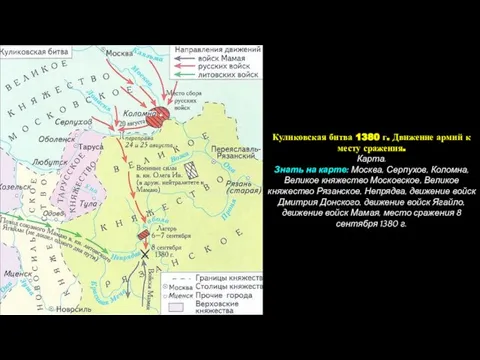 Куликовская битва 1380 г. Движение армий к месту сражения. Карта. Знать на