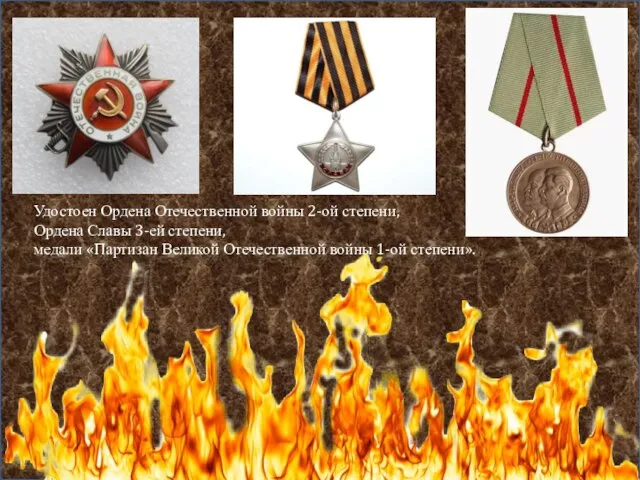 Удостоен Ордена Отечественной войны 2-ой степени, Ордена Славы 3-ей степени, медали «Партизан