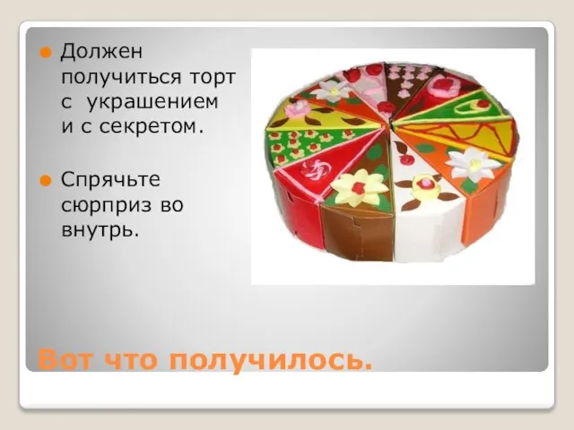 Вот что получилось. Должен получиться торт с украшением и с секретом. Спрячьте сюрприз во внутрь.