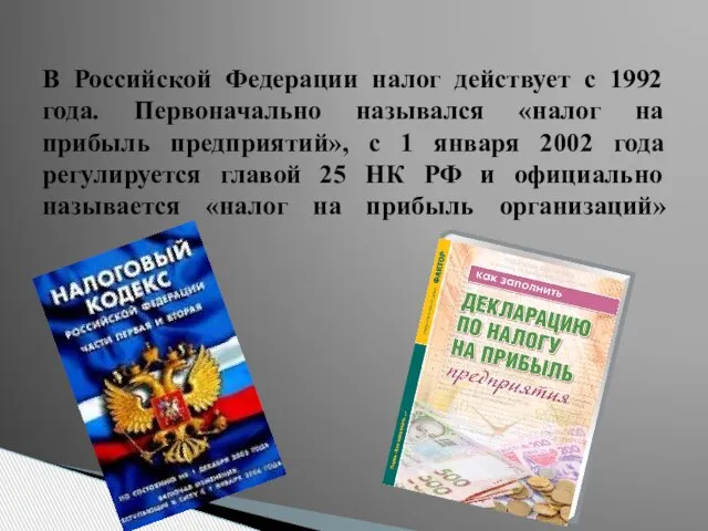 В Российской Федерации налог действует с 1992 года. Первоначально назывался «налог на