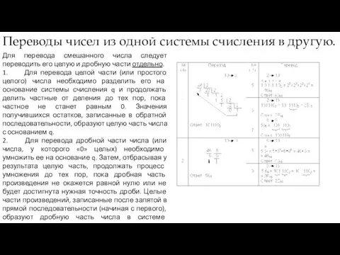 Переводы чисел из одной системы счисления в другую. Для перевода смешанного числа