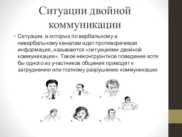 Ситуации двойной коммуникации Ситуации, в которых по вербальному и невербальному каналам идет