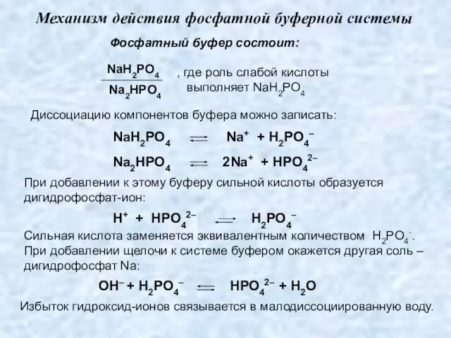 Механизм действия фосфатной буферной системы Фосфатный буфер состоит: NaH2PO4 Na2HPO4 , где