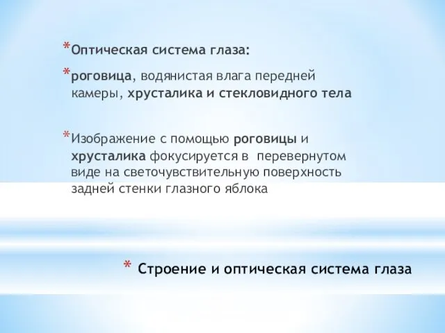 Строение и оптическая система глаза Оптическая система глаза: роговица, водянистая влага передней