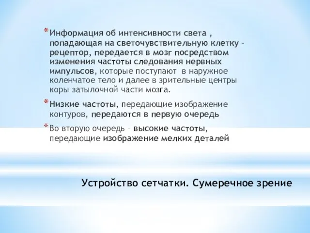 Устройство сетчатки. Сумеречное зрение Информация об интенсивности света , попадающая на светочувствительную