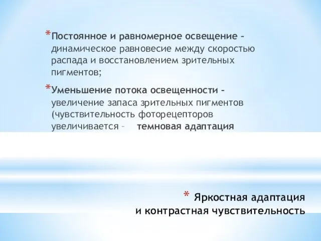 Яркостная адаптация и контрастная чувствительность Постоянное и равномерное освещение – динамическое равновесие