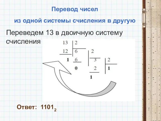 Перевод чисел из одной системы счисления в другую Переведем 13 в двоичную систему счисления Ответ: 11012