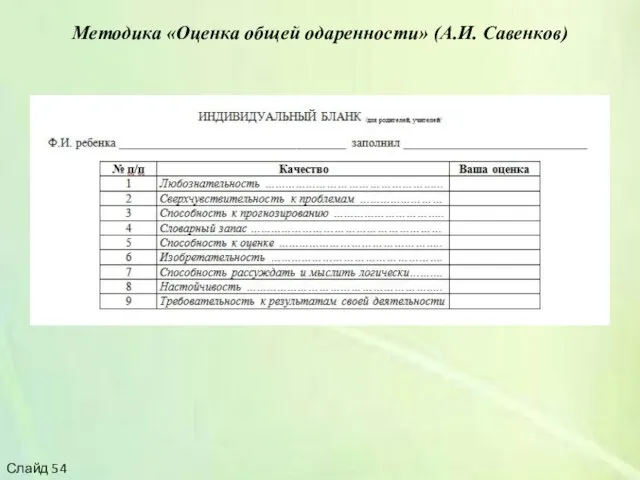 Методика «Оценка общей одаренности» (А.И. Савенков) Слайд 54