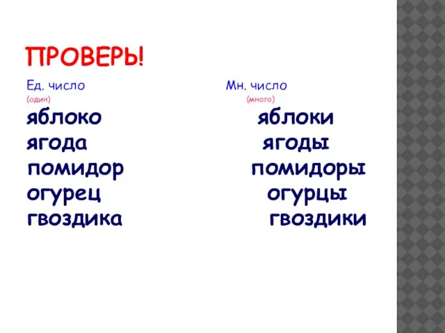 ПРОВЕРЬ! Ед. число Мн. число (один) (много) яблоко яблоки ягода ягоды помидор