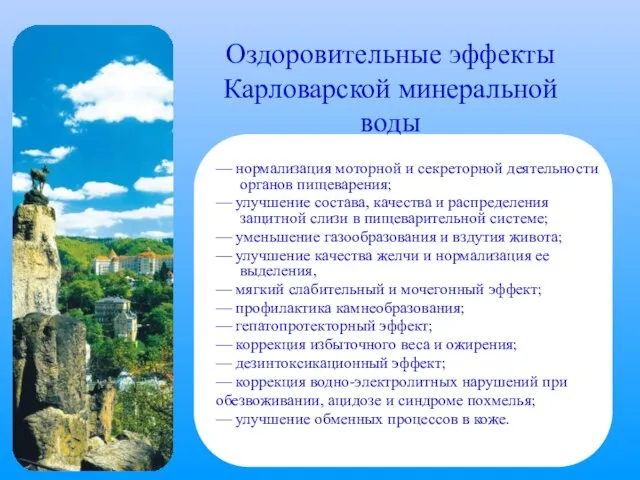 Оздоровительные эффекты Карловарской минеральной воды — нормализация моторной и секреторной деятельности органов