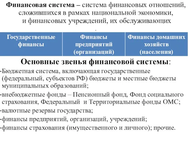 Финансовая система – система финансовых отношений, сложившихся в рамках национальной экономики, и