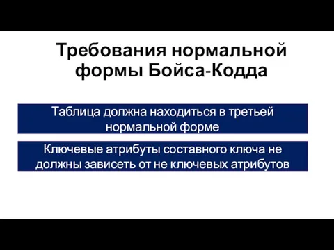 Требования нормальной формы Бойса-Кодда Таблица должна находиться в третьей нормальной форме Ключевые