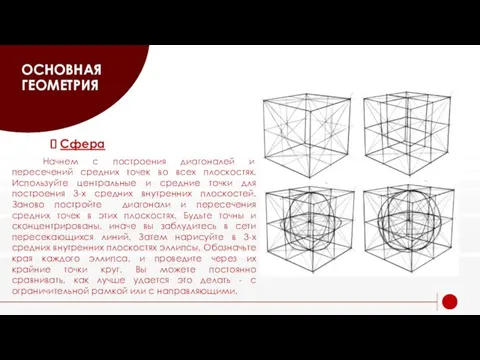 ОСНОВНАЯ ГЕОМЕТРИЯ Сфера Начнем с построения диагоналей и пересечений средних точек во