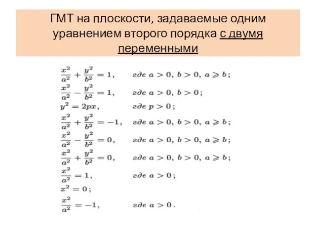 ГМТ на плоскости, задаваемые одним уравнением второго порядка с двумя переменными