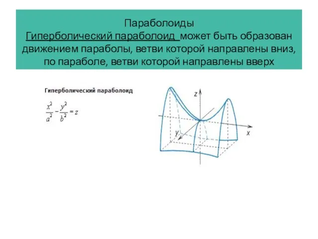 Параболоиды Гиперболический параболоид может быть образован движением параболы, ветви которой направлены вниз,