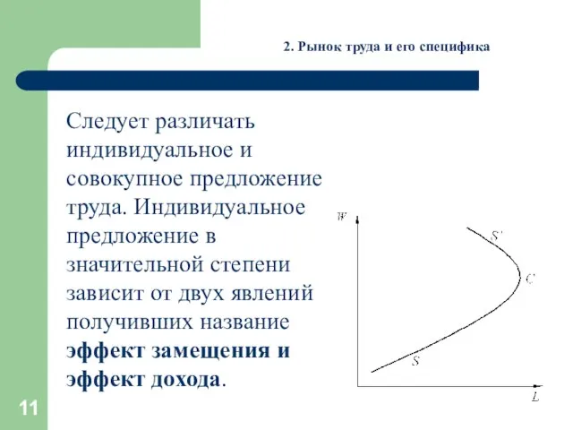 2. Рынок труда и его специфика Следует различать индивидуальное и совокупное предложение