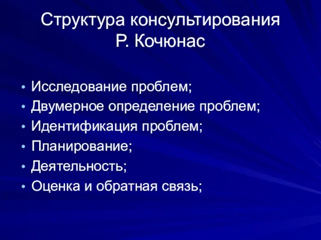 Структура консультирования Р. Кочюнас Исследование проблем; Двумерное определение проблем; Идентификация проблем; Планирование;