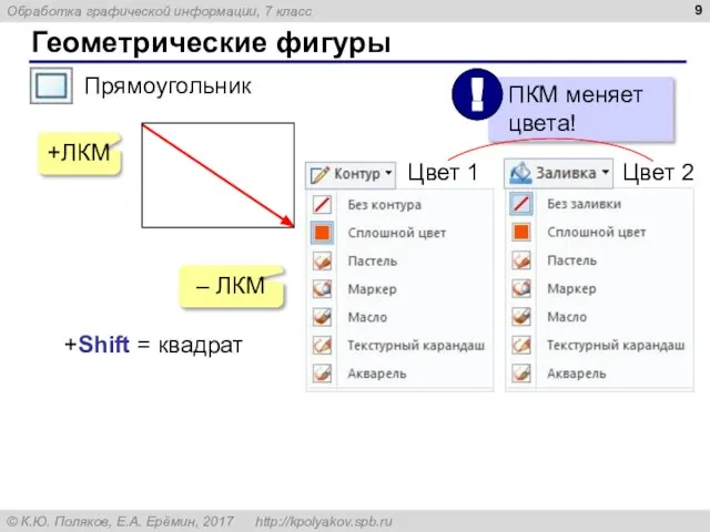 Геометрические фигуры Прямоугольник +ЛКМ – ЛКМ Цвет 1 Цвет 2 +Shift = квадрат