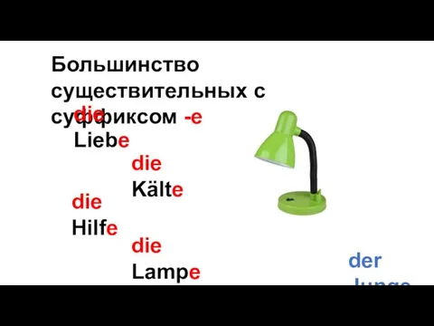 Большинство существительных с суффиксом -е die Liebe die Kälte die Hilfe die Lampe der Junge