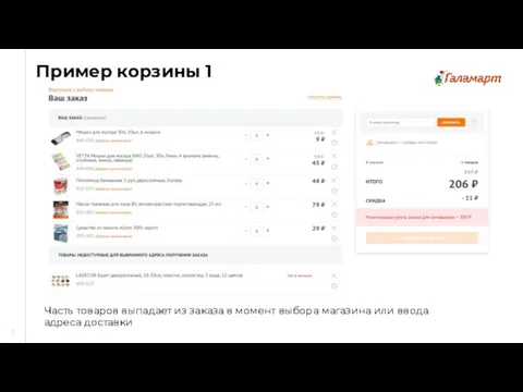 Пример корзины 1 3 Часть товаров выпадает из заказа в момент выбора