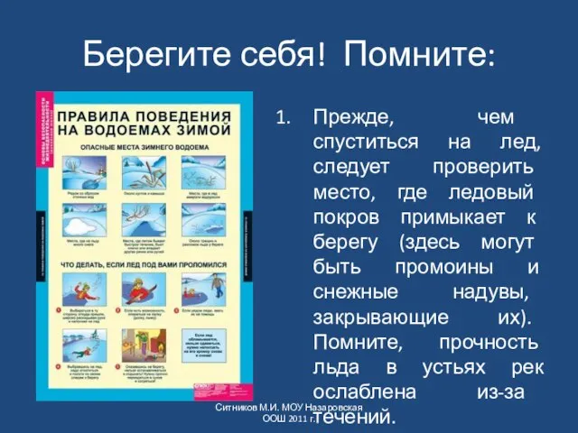 Берегите себя! Помните: Прежде, чем спуститься на лед, следует проверить место, где