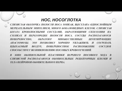 НОС, НОСОГЛОТКА СЛИЗИСТАЯ ОБОЛОЧКА ПОЛОСТИ НОСА ТОНКАЯ, ВЫСТЛАНА ОДНОСЛОЙНЫМ МЕРЦАТЕЛЬНЫМ ЭПИТЕЛИЕМ, МНОГО