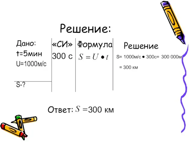 Решение: Дано: t=5мин U=1000м/с S-? «СИ» 300 с Формула Решение S= 1000м/с